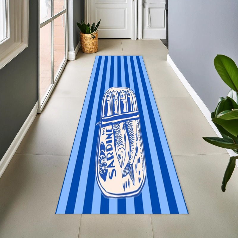 Wholesale Commercial Printing - Vintage Mavi Çizgili Sardalya Grafikli Uzun